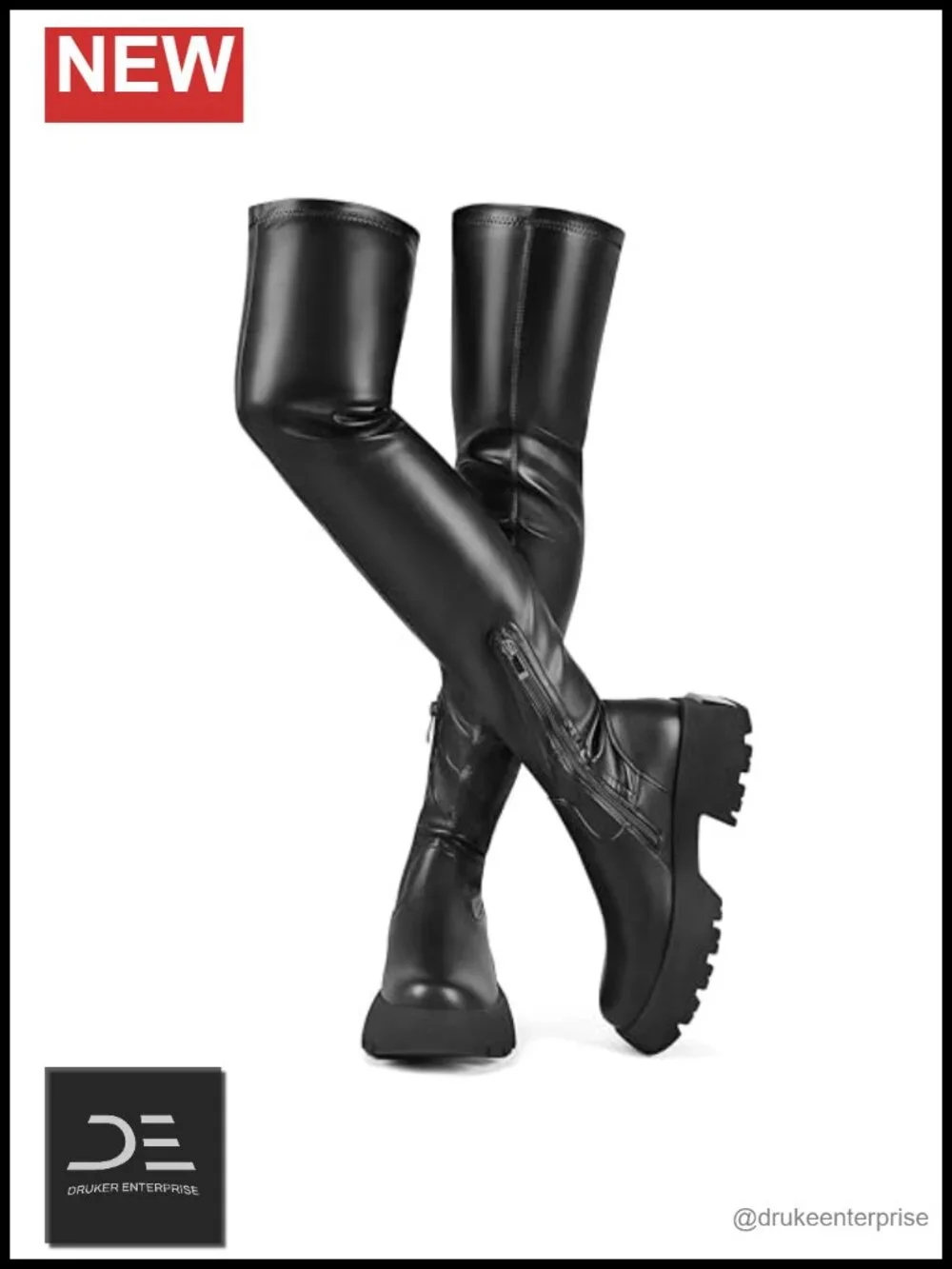 Over the Knee Boots Platform Lug Sole Mid Heel Stretch Side Zipper